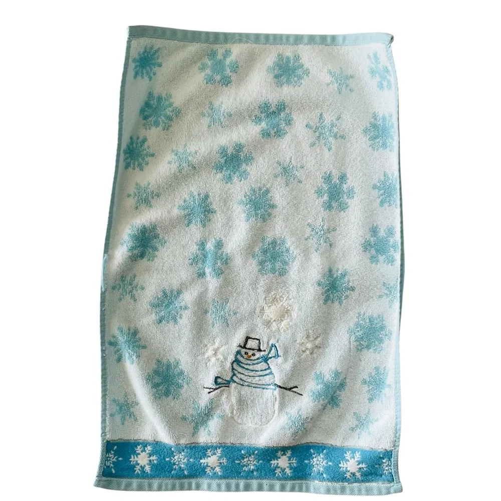 Holiday Snowman Hand Towel Embroidered Appliqué Snowflakes Light Blue White